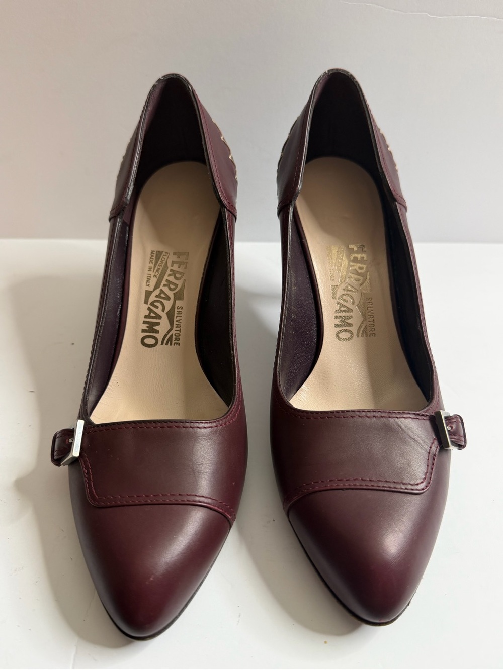 Salvatore Ferragamo Burgundy Leather Pointed Toe Buckle Pumps
